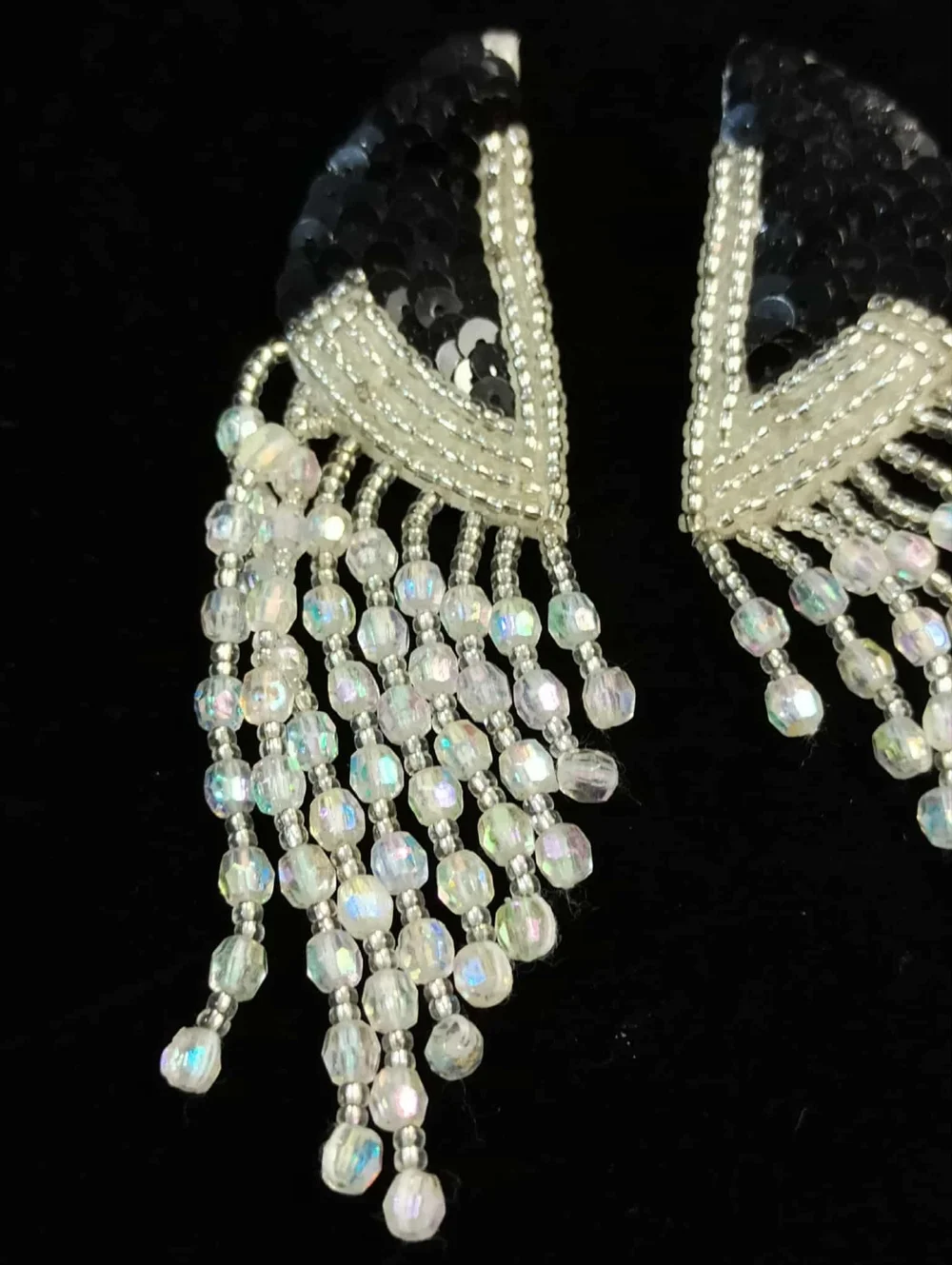 80's Black Sequin Beaded Fringe Earrings Dramatic Dangle Pierced